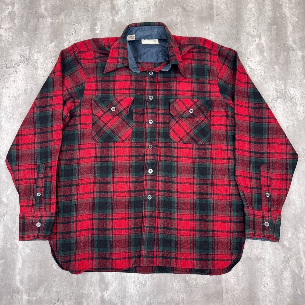 Vintage Arrow Flannel Shirt Mens Medium Red Buffalo Plaid Wool Lumberjack 70s